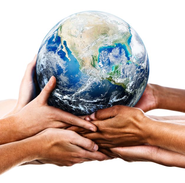 Many hands holding a globe